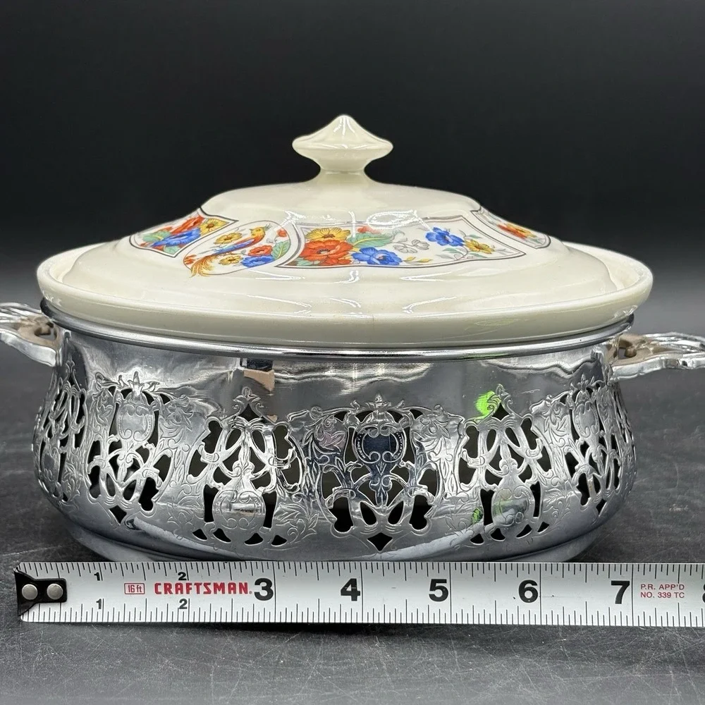 Vtg Hall China Forman Bros Round Casserole Dish Floral Birds Vented Lid Covered